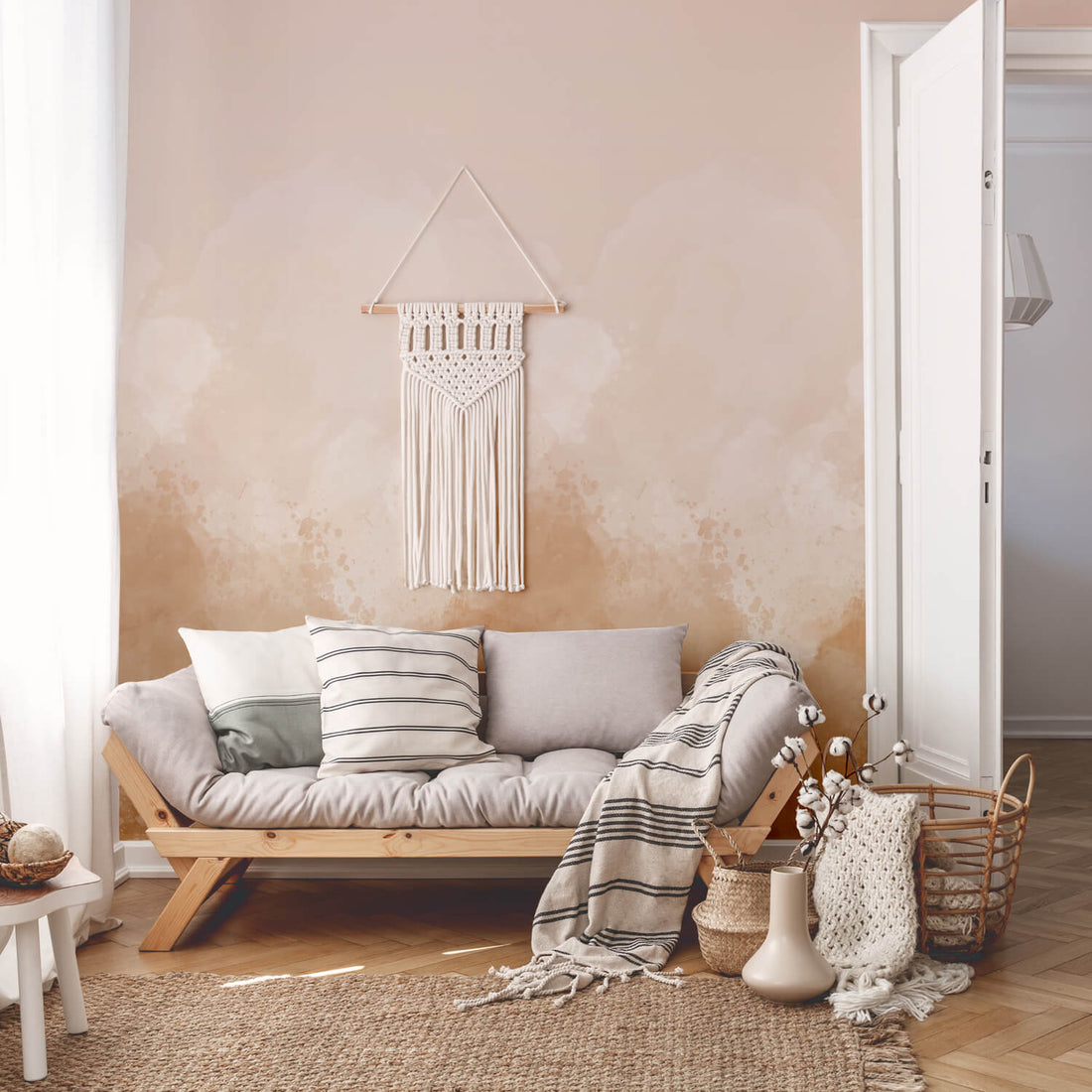bohemian style living room wallpaper in peach color ombre style